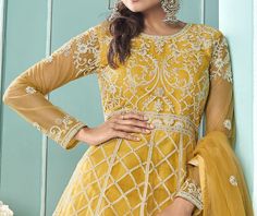 Yellow Designer Embroidered Lehenga Style Anarkali Suit-Saira's Boutique Silk Thread Embroidery, Wedding Reception Party, Butterfly Net, Holiday Promotions, Lehenga Style, Embroidered Lehenga, Reception Party, Embroidery Motifs, Anarkali Suit