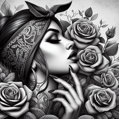 a black and white drawing of a woman with roses in her hair kissing the lips