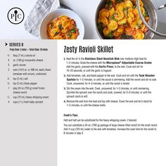 the recipe for zesty ravioli skillet is shown in this brochure