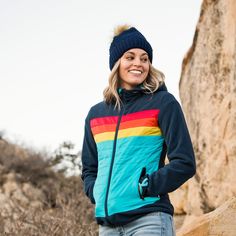 The Momentum Fader Fleece Jacket is a cozy, casual piece combines some technical details with retro colors and quality construction. Perfect for a stroll around town or trek in the mountains. Features zippered pockets, thumbholes, adjustable hood with drawstrings. Female Model is 5'7" / 125 lbs and is wearing a size SMALL and wants it to fit on the more snug side. If you want to fit little looser then go a size up based on her sizing. #WOMOFD Casual Looks For Women, Corduroy Blazer Women, Adjustable Clothing, Colorado Outfits, Fleece Jacket Womens, Mode Casual, Cute Jackets, Womens Fleece, Winter Coats Jackets