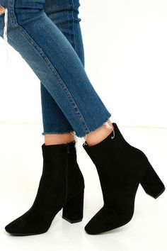 Stylish Black Suede Boots - Fitted Black Booties - Heeled Boots Blue Shoes Heels, White Shoes For Girls, My Generation, Clear High Heels, Heels Aesthetic, Womens Black Booties, Suede High Heels, Closed Toe Sandals, Kitten Heel Sandals