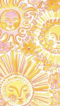 the sun and flowers are painted in pink, yellow, and orange colors on a white background