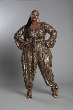 Gold Sequin Jumpsuit w Ankle Ties- JIBRI – Jibri Online Sequin Jumpsuit Outfit, Jump Suites, Classic Edgy Outfits, Curvy Wardrobe, Singer Outfits, Edgy Bride, Gold Sequin Jumpsuit, Boubou Styles, Disco Look