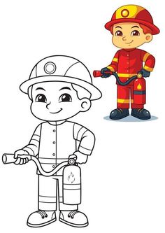 a cartoon fireman with a helmet and hose next to a drawing of a boy in uniform