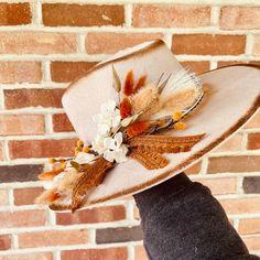 Rustic Adjustable Hats For Fall, Rustic Fall Hat With Curved Brim, Rustic Curved Brim Hat For Fall, Rustic Fedora Hat For Kentucky Derby, Artisan Flat Brim Hat For Fall, Country Style Cream Brimmed Hats, Rustic Handmade Hat For Kentucky Derby, Beige Winter Festival Hat, Rustic Fedora Hat One Size