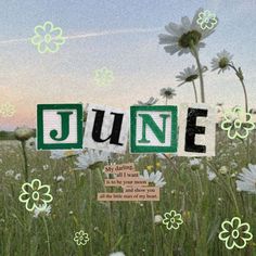 the word june spelled out in green and white flowers