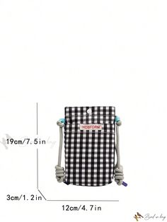 a black and white gingham bag with the measurements