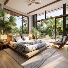 a large bed sitting in the middle of a bedroom next to a window covered with palm trees