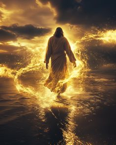 jesus walking through the water with his arms outstretched