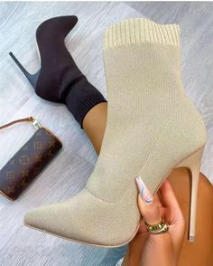 Pointed Toe Ankle Boot | Make a serious style statement in these heeled booties. Featuring a nude knitted fabric to keep you cosy. You need these for A/W 2020. Available in UK Vestido Shein, Elastic Boots, Heels Collection, Basic Heels, Sock Boots, Socks And Heels, Super High Heels, Slip On Boots, How To Stretch Boots