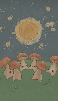 four mushrooms are standing in the grass with their heads together, under a full moon