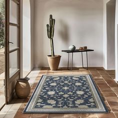 a room with a rug, table and potted cactus in the corner next to it