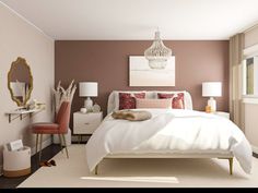 a bedroom with brown walls and white bedding