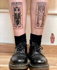 the legs and ankles of a person with tattoos on them