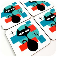 four coasters with black cats on them