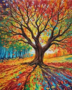 an acrylic painting of a tree with colorful leaves on it's branches