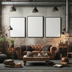 an industrial living room with leather couches and two large framed pictures on the wall