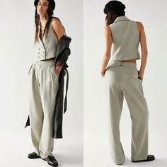 Green Two Piece Set By Free People. Button Front Vest Top. Pleated, Full Length Trouser Pants. New With Tags! Measurements: Top Pit To Pit - 16.5” Length From Shoulder To Hem - 18” Pants Waist Straight Across - 14” Rise - 13.5” Inseam - 31” Summer Button-up Workwear Pants, Spring Pantsuit With Notch Lapel And Buttons, Spring Tailored Pants With Buttons, Summer Button-up Work Pants, Tailored Pants With Buttons For Spring, Chic Tailored Pantsuit With Buttons, Spring Workwear Pantsuit With Button Closure, Summer Wide Leg Pants For Work With Button Closure, Chic Fitted Button-up Pants