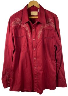 Scully Embroidered Western Shirt Pearl Snap, Burgundy Red, Cowboy Western Wear, Rodeo, Long Sleeve Rockabilly Style, Mens Large Good gently pre-owned condition. Chest: 44" Length: 29" Red Cowboy Outfit Men, Fitted Embroidered Red Shirt, Fitted Red Embroidered Shirt, Red Embroidered Long Sleeve Shirt, Red Cotton Shirt With Floral Embroidery, Vintage Red Tops For Rodeo, Western Style Embroidered Cotton Shirt, Western Style Long Sleeve Embroidered Shirt, Rodeo Shirts Button Up