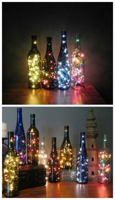 bottles with lights in them sitting on a table