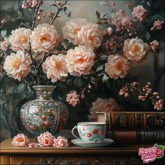 a painting of pink flowers in a vase next to books and a cup on a table