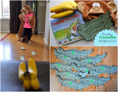 there is a collage of pictures with bananas and other things in the background, including a child's book