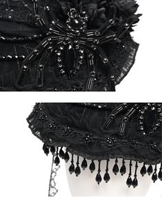 Introducing our Victorian Goth Duchess Hat, a masterpiece of dark elegance and intricate craftsmanship.  This stunning accessory features shimmering sequins, delicate ruches, and a dramatic feather, all complemented by exquisite handmade beaded spider details. The hat is adorned with a luxurious trim of dropped beads, adding a touch of opulence.  It includes a self-tie lace for a secure fit and two hairclips to ensure it stays perfectly in place. Black Flapper Headpieces For Party, Elegant Black Headpiece For Carnival, Elegant Black Costume Headpiece, Elegant Black Headpiece For Costume, Black Carnival Party Headpiece, Beaded Fitted Headpieces For Party, Goth Hats, Dark Elegance, Victorian Goth