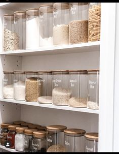 an organized pantry filled with lots of different types of food and storage containers on the shelves