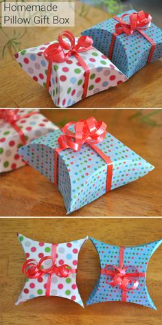 three different pictures of presents wrapped in polka dot paper