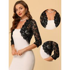 In a floral lace pattern, this stylish pretty top adds a touch of elegance to your wardrobe. This shrug is designed with floral lace, stylish gold decoration, and an open front style for a comfortable fit. Pair it with a beautiful dress or skirt for an elegant and charming look. Spring Party Lace Top With Contrast Lace, Elegant Spring Lace Top With Contrast Lace, Elegant Party Top With Crochet Lace, Party Shrug With Lace Trim, Elegant Crochet Lace Top For Party, Elegant Crochet Lace Party Top, Spring Party Shrug With Lace Trim, Party Lace Shrug With Lace Sleeves, Spring Party Lace Shrug