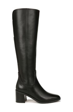 A stretchy back panel lends easy wear to an equestrian-inspired boot balanced by a squared-off toe and stacked block heel. 2 1/2" heel (size 7.5) 16" shaft; 14" calf circumference Cushioned footbed with Contour+ technology and arch support Leather upper/synthetic lining/rubber sole Imported Black Leather Boots Knee High, Black Leather Boots, Easy Wear, Arch Support, Knee High Boots, Equestrian, Leather Boots, Knee High, Block Heels