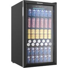 a mini fridge with many different types of drinks in it