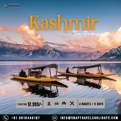 two boats floating on top of a lake under a sky with mountains in the background