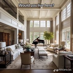 a living room filled with lots of furniture and a grand piano in the middle of it