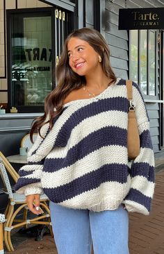 Beginning Boutique Sweater, Fall Striped Sweater, Demetra X Beginning Boutique, Navy And White Sweater, White And Blue Striped Sweater Outfit, Chunky Striped Sweater, That Girl Clothes, Boat Neck Sweater Outfit, Navy Striped Sweater Outfit