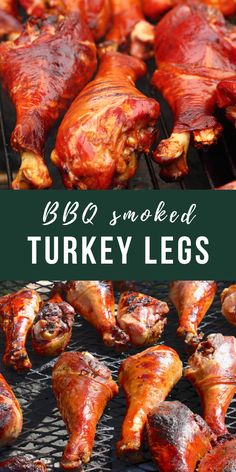 bbq smoked turkey legs on the grill with text overlay