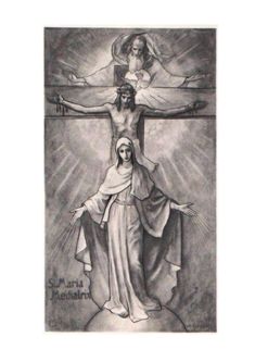 the crucifix with jesus and mary on it is shown in black and white