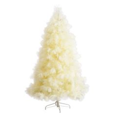 a white christmas tree on a metal stand