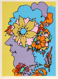 a painting of a woman's head with flowers in her hair on a blue and yellow background