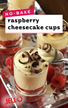 no bake raspberry cheesecake cups on a tray