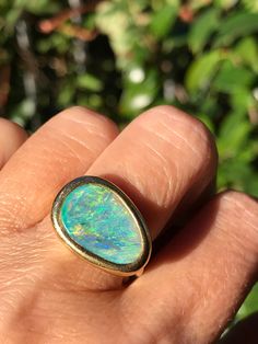 Luxury Handmade Open Opal Ring, Luxury Green Heirloom Opal Ring, Yellow Gold Opal Ring With Bezel Setting, Lightning Ridge Opal, Gold Satin, Lightning Ridge, Australian Opal, Yellow Gold Ring, Druzy Ring