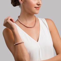 This freshwater set would make a great gift for any occasion! This full set includes 8.0-8.5mm pink Freshwater Pearl Necklace, bracelet, and stud earrings. This pearl set is available in either AAA or AAAA quality.
Stud earrings and clasps will be matched according to the gold color chosen. Classic Pink Bracelets, Feminine Pearl Jewelry With Round Beads, Elegant Rose Gold Pearl Bracelet With Round Beads, Feminine Pearl Beaded Jewelry, Classic Pink Akoya Pearl Jewelry, Pearl Jewelry Sets For Anniversary, Pink Akoya Pearl Wedding Jewelry, Pink Pearl Bracelet With Round Beads For Formal Occasions, Feminine Single Strand Jewelry With Round Beads