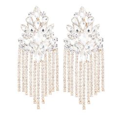 Get Noticed with Gold Clear Chandelier Earrings. Elevate any outfit with these showstoppers. Perfect size for any occasion. Shop Now! White Tassel Earrings For Pierced Ears Party, White Tassel Earrings For Party, White Glamorous Chandelier Earrings For Party, White Crystal Chandelier Earrings For Party, White Rhinestone Chandelier Drop Earrings, White Rhinestone Chandelier Earrings For Party, White Rhinestone Chandelier Earrings For Evening, White Rhinestone Chandelier Earrings, Glamorous Chandelier Earrings For Celebrations