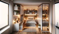 a bedroom with a bed, desk and shelves on the wall next to it's windows