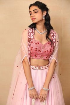 Shop for Rashika Sharma Pink Silk Organza Cape And Lehenga Set for Women Online at Aza Fashions Bustier Blouse, Organza Cape, Flared Lehenga, Cape Lehenga, Embroidered Bustier, Sheer Cape, Embroidered Cape, Potli Bag, Blouse Silk