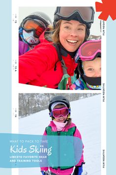 Mother and children happily skiing. Ski School