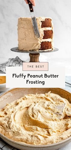 the best fluffy peanut butter frosting on a cake plate with a slice taken out