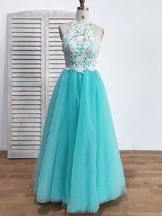 A-Line/Princess Halter Sleeveless Floor-Length Lace Tulle Dresses Sleeveless Blue Tulle Maxi Dress, Blue Sleeveless Tulle Maxi Dress, Wedding Sleeveless Tulle Maxi Dress, Sleeveless Tulle Maxi Dress For Wedding, Princess Sleeveless Summer Gown, Sleeveless Maxi Dress With Sheer Bodice For Prom, Sleeveless Tulle Maxi Dress For Prom, Sleeveless Sheer Bodice Gown For Summer, Sleeveless Tulle Maxi Dress