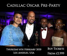 three men and two women posing for a photo at an oscars party with the caption, cadillac oscar pre - party