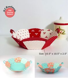 four different designs of small baskets with polka dots on them and one is red, the other blue